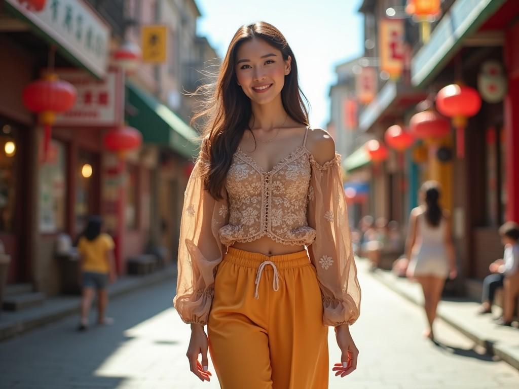 A beautiful Chinese woman confidently walks down a bustling street adorned with traditional elements. She's wearing an elegant, sheer blouse paired with stylish, comfortable pants. The backdrop showcases vibrant lanterns and charming shops, establishing a lively atmosphere. Sunlight illuminates her radiant smile, highlighting her connection to the surroundings. The image captures the essence of modern culture intertwined with tradition, inviting viewers to explore.