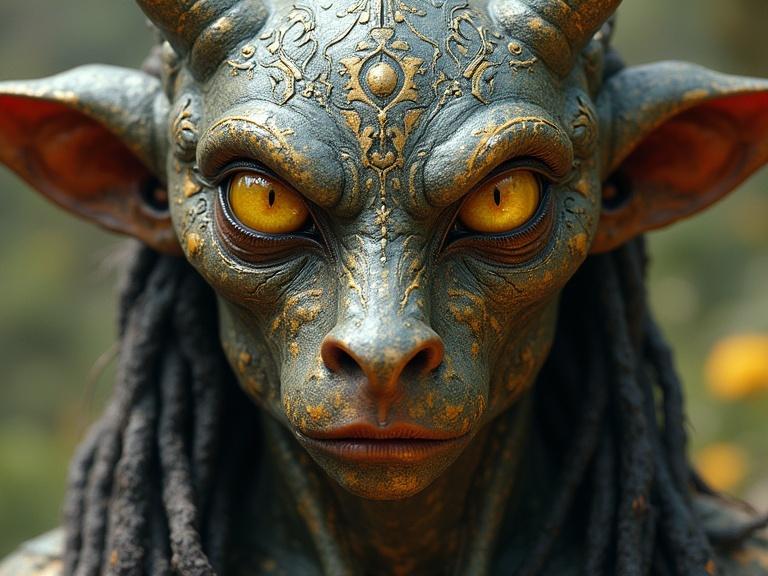 A humanoid creature with metallic skin, yellow eyes, and a human nose. It has visible eyeballs and resembles a quickling lord. This swift being embodies agility and power, often fighting against faster opponents.