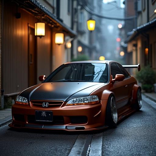 6th Gen 2000 Honda Accord four door with a Wide Body Kit and Custom Carbon Fiber Hood. The car has a Satin Chrome Silk Copper Wrap and is shown in profile. The setting is a narrow alley in Kyoto with traditional Japanese architecture, foggy street lights, and a bokeh effect in the background.