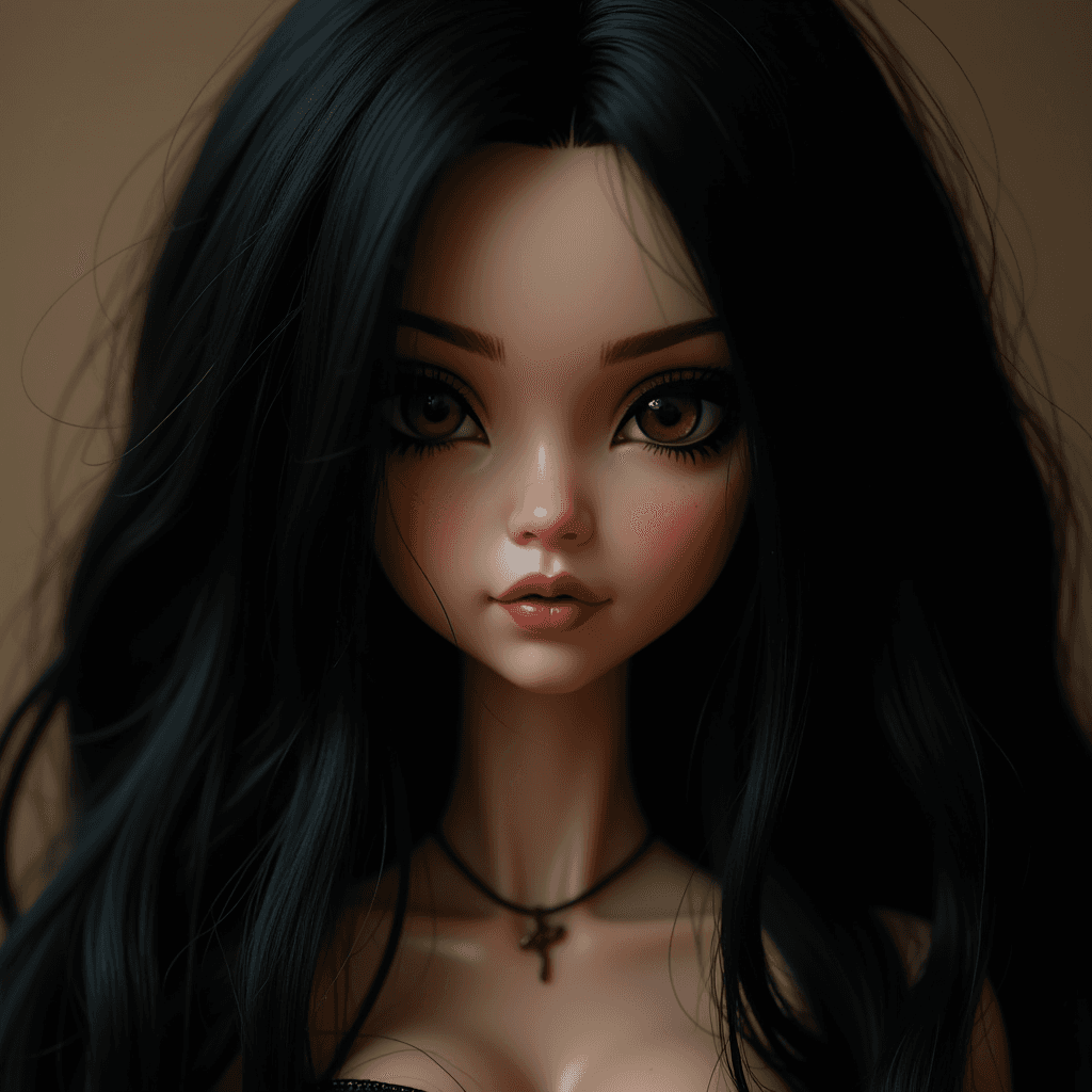 A close-up artistic portrait of a doll with long black hair and striking features.