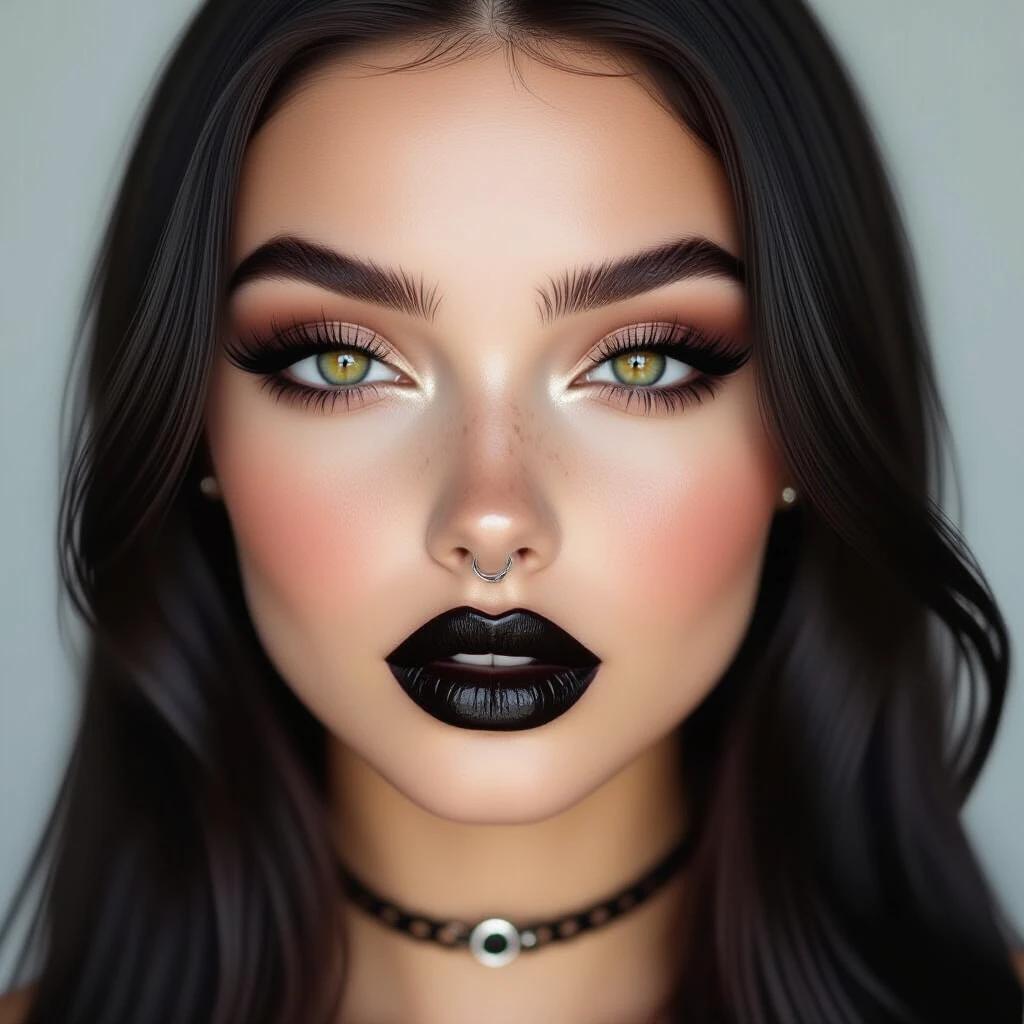 Realistic portrait of a young gothic woman. Soft rounded face. Full lips with glossy black lipstick. Intense dark eyes with long lashes. Bold eyeliner and smoky eyeshadow. Brown henna freckles on nose and cheeks. Smooth pale skin. Silver septum ring. Long dark hair. Centered composition with soft lighting and neutral background. Highly detailed.