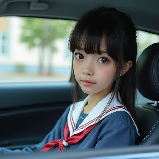 Japanese high school girl in a school uniform sitting inside a car.