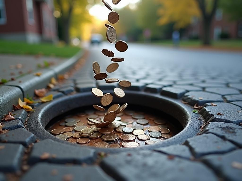 A cascade of coins spirals down a storm drain on a quiet street. The shiny coins catch the light as they twirl gracefully in the air. The drain sits on the edge of the road, lined with a cracked gray surface. A few leaves may be visible, hinting at the changing seasons. The scene captures the unexpected beauty of everyday moments, enhanced by the whimsical motion of the coins.