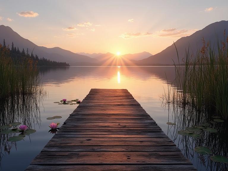 A serene lakeside dock at sunset with weathered wooden planks leading to a still mirror-like lake. Water lilies float near the shore with towering reeds swaying gently. The sky is painted in soft oranges and purples, reflecting perfectly on the water. Distant mountains add depth to the scene.