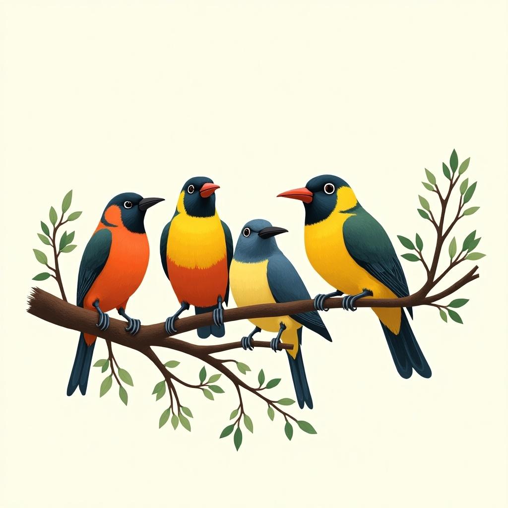 This is an artistic illustration featuring various colorful birds. They are perched on a tree branch amidst delicate green leaves. The birds showcase vibrant colors including shades of orange, yellow, blue, and green. The background is a soft, light color that enhances their vivid appearance. This artwork could serve as a decorative piece or an educational resource about avian species.