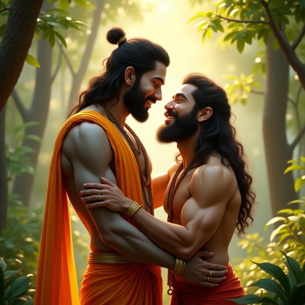 The image depicts a touching moment between Lord Ram and Hanuman in a serene forest setting. Lord Ram, adorned in bright orange and golden attire, is shown in a warm embrace with Hanuman, who is muscular and expressive. The background is filled with lush greenery and soft, golden light that creates an ethereal atmosphere. This portrays the deep friendship and loyalty between them, emphasizing themes of devotion and heroism. Their expressions reflect mutual respect and love, showcasing an iconic relationship from Hindu mythology. The setting adds to the spiritual tone of the image.