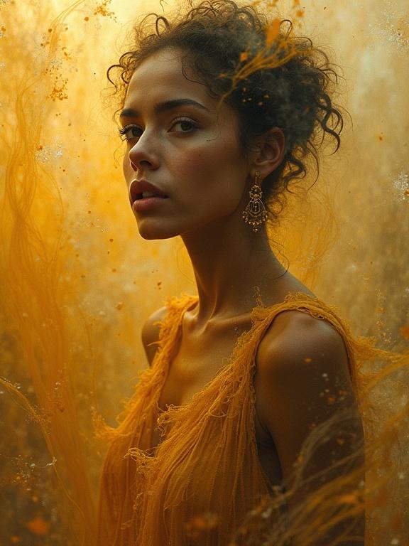 A stunning see-through portrait featuring a figure in a warm amber landscape. The subject has an expression of deep disappointment, awe, and astonishment. Amber and gold hues blend together in an ethereal glow. The background includes abstract patterns that shift and change, creating a surreal atmosphere. Ultra-sharp and textured image.