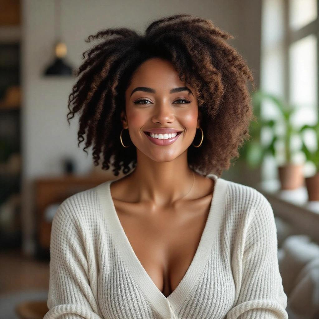 Image of a thick woman smiling in a cozy home environment. She has curly hair and wears a sweater. Natural light from a window enhances the scene.