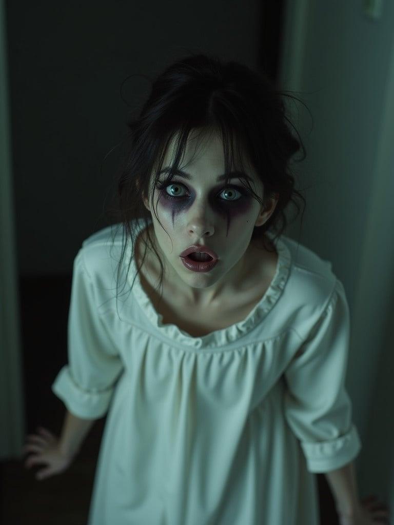 The image shows a woman in a white gown looking unsettling. She appears in a dimly lit room with messy hair and a hunched posture. The atmosphere is creepy. Her mouth is wide and her eyes are small. Her pose engenders a sense of horror.