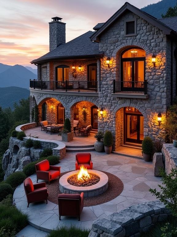 The image features a multi-level stone house on a mountainside at dusk. Built from earth-toned stones, it blends with nature. Arched windows and doors emit golden light. A fire pit surrounded by chairs sits on a lower patio. The house has a dark roof and a chimney. Pathways connect levels with lush greenery around. The atmosphere feels cozy and luxurious with a backdrop of mountains under a colorful sky.