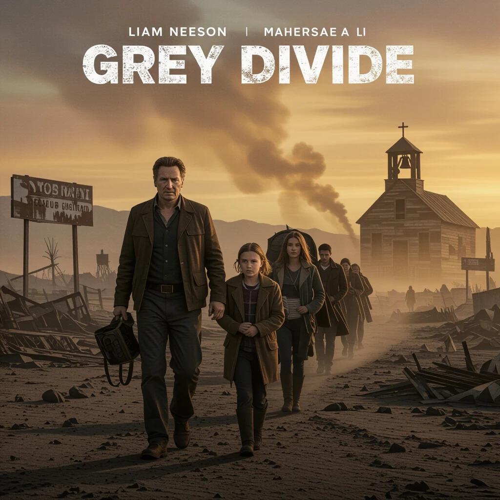 Liam Neeson leads children across a barren wasteland. Ashes cover the ground. Church ruins and faded signs visible in background. Dusty sky filled with orange-gray hues. Figures convey a sense of desolate hope.