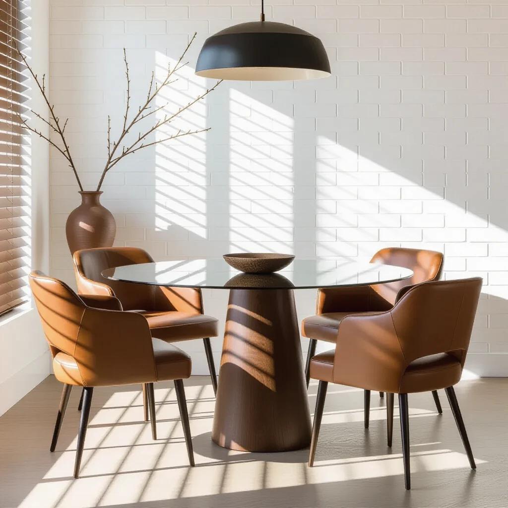 Modern dining area features a round glass table with a dark wood base. Four brown leather chairs surround the table. Strong sunlight casts shadows from window blinds on a white brick wall. A large brown ceramic vase with bare branches is placed next to the table. A dark brown bowl sits in the center of the table. A black pendant light hangs above the setting. The design is minimalist and inviting.