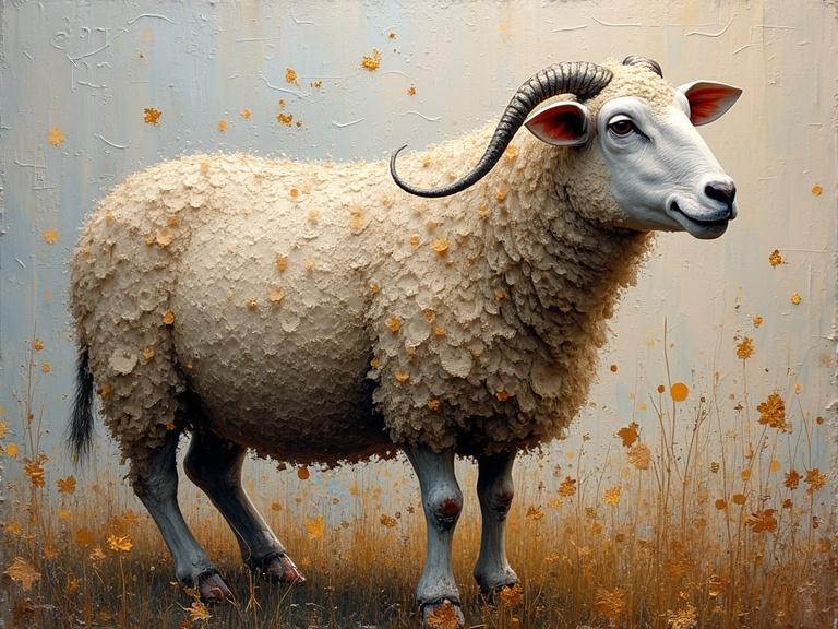 Abstract representation of a sheep in 3D. Textured with various materials and elements like newspaper and confetti. Impasto technique creates depth. Luminous colors enhance the artwork. Multilayered mixed media composition.