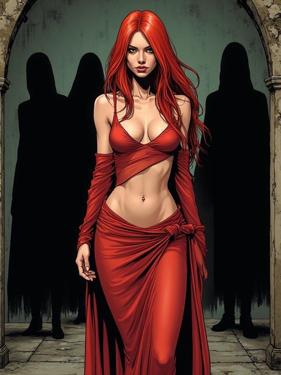 Female figure in comic book style. She has long red hair and wears a flowing transparent red cloth. Expression is calm and serious. Positioned slightly to the right of center. Background has shadowed figures in muted tones. Dark interior space, rough floor. Focused lighting highlights the figure with dark surroundings. Artistic style includes bold lines and distinct shading.