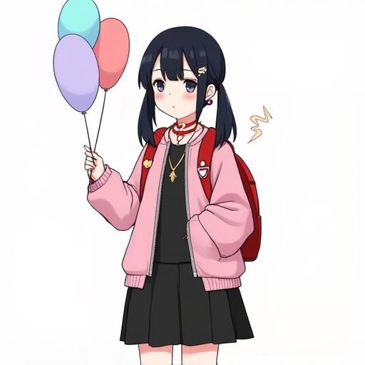 Anime girl with black hair has twintails. She wears a pink jacket over a black shirt and a black skirt. She stands with balloons in hand, wearing a backpack. She has jewelry and a heart ornament in her hair. Background is white.