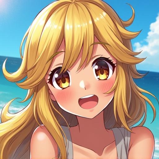 Anime girl with blonde hair. She smiles brightly. Background shows a sunny beach and ocean.