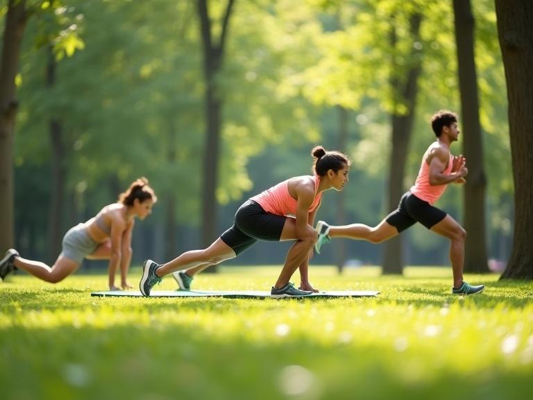 Image features three individuals engaged in fitness outdoors. One person holds a plank on a green yoga mat. Another performs crunches with bent knees. The third jogs in place. The setting is a park with lush green trees. Sunshine filters through, creating a blurred background. The style conveys energy and health.