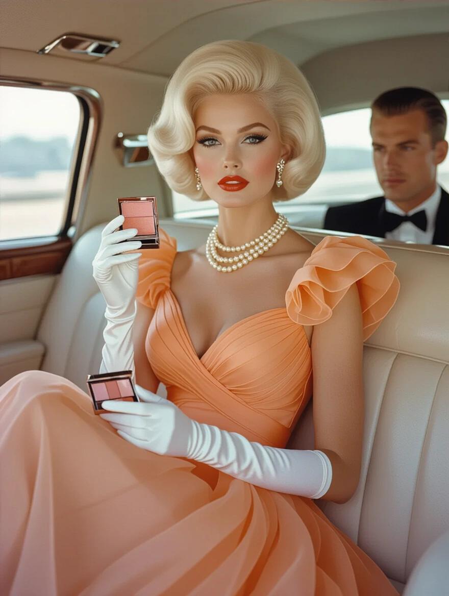 Portrait of a woman from the 1960s. She has voluminous platinum blonde hair. Wearing a pale orange chiffon sun dress with floofy sleeves. Holding a make-up compact and lipstick. Sitting in the back of a luxurious limo next to a man. Flawless makeup includes winged eyeliner and ruby red lips. Accessorized with a pearl necklace and white gloves.