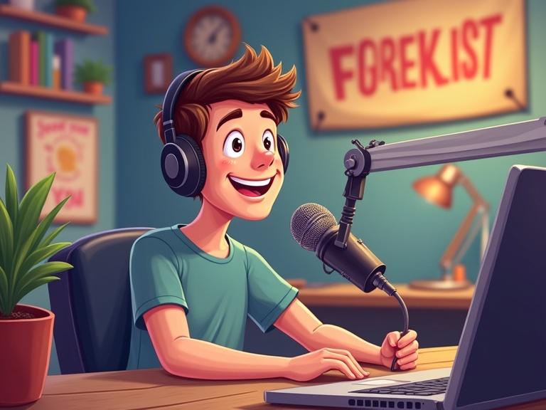 Young father hosting live podcast seated at angle facing audience with microphone. Vibrant cartoon style in cozy studio with table and equipment. Smiling warmly in casual shirt. Background includes podcast banner with soft lighting and playful atmosphere. Scene matches colorful lively aesthetic focusing on enthusiasm and connection to podcast.