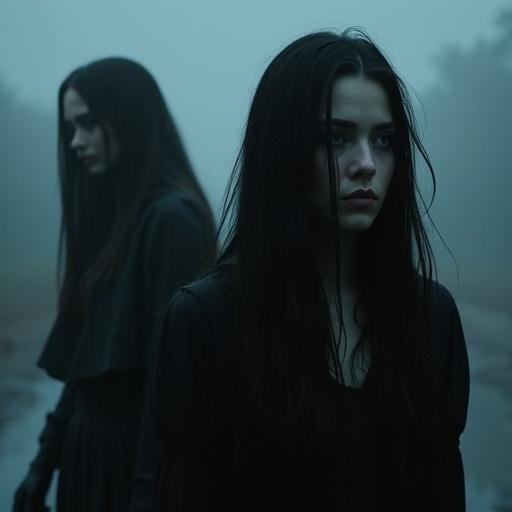 A rain dark shot featuring two women with long dark hair dressed in black. One woman is seen from the side while the other is mostly hidden in the background. The atmosphere is foggy and creepy.