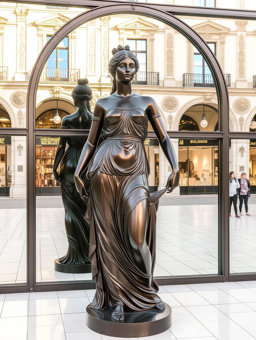 Ancient lady statue with a reflection in a modern bar environment displaying classical art and architecture.