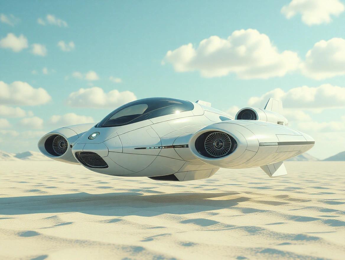 Small light grey sleek sci-fi hover drone with two small Dyson engines flying over a white desert under a blue sky with clouds. Realistic details and textures