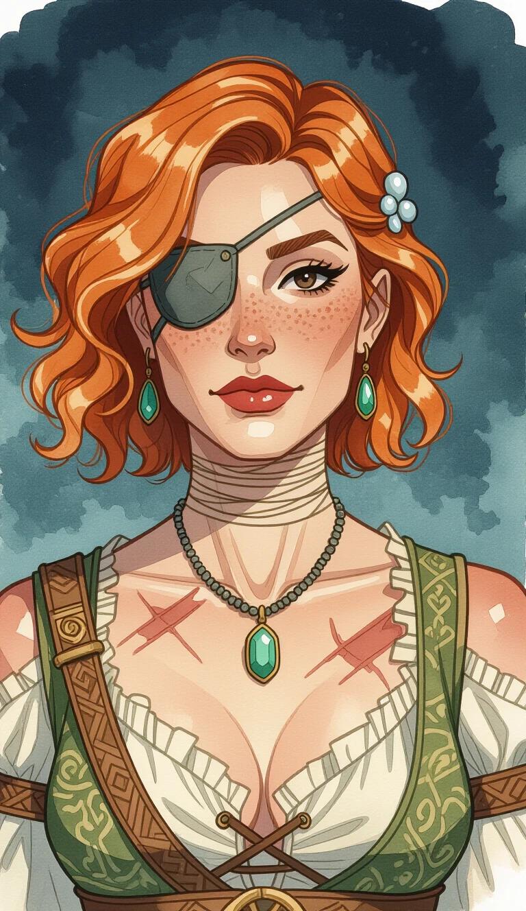 Dark watercolor illustration depicts a female character with short strawberry blonde hair styled with beach waves. One eye covered with a patch. Scars visible on chin and neck. Bandages cover the chest area. Adorning the character is an ornate necklace with a single stone. The clothing follows ancient Greek style with intricate designs. Full-body portrait suitable for a fantasy setting.