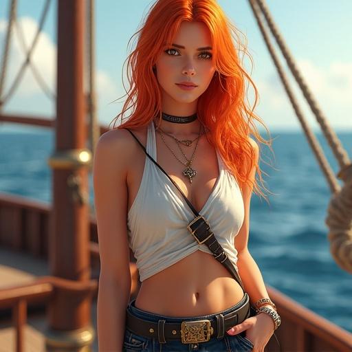 Hyper-realistic portrait of a woman with vivid orange hair and amber eyes standing on a bright ship deck. She's wearing a sleeveless crop top and fitted pants, accessorized with a compass necklace and a modern weather staff. The scene has a confident smile and inspired by anime aesthetics while maintaining realistic skin and textures.