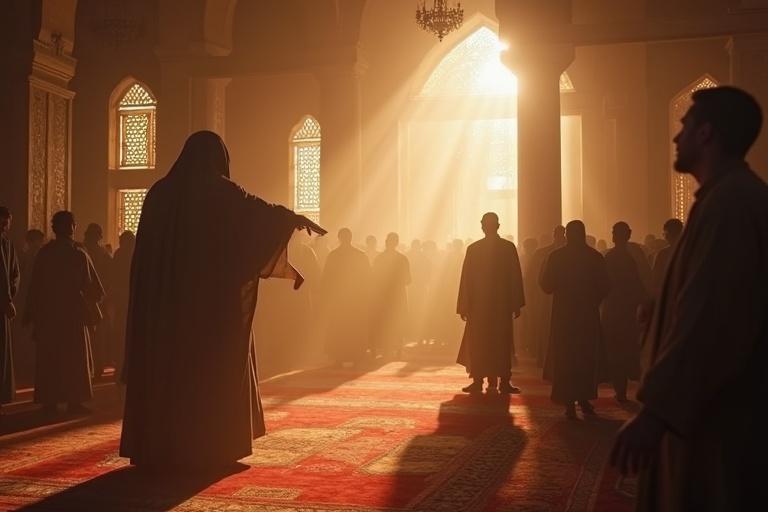 Interior of a mosque during dawn prayer. Hazrat Umar is in sujood. A shadowy attacker is rushing from behind with a dagger. Chaos is unfolding among the worshippers. Light breaks through the mosque windows. Intense dramatic moment is captured.
