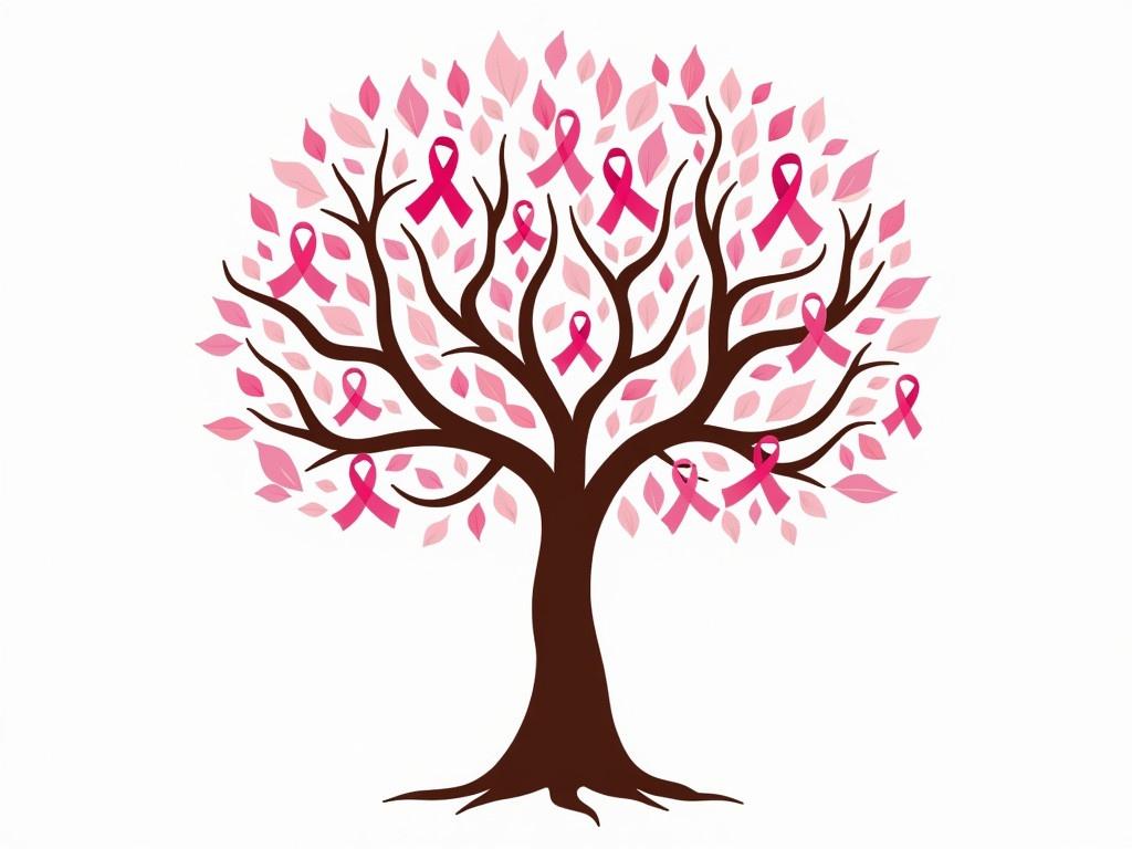 Create a vector illustration of a tree with brown branches and a multitude of pink ribbons symbolizing breast cancer awareness. The tree should have an intricate design with curly branches and leaves incorporated among the ribbons. Each pink ribbon should be prominently featured, blending harmoniously with the tree's structure. The background should be simple and elegant, emphasizing the beauty of the tree and the importance of the pink ribbons. Aim for a warm and uplifting aesthetic, reflecting hope and support in the fight against breast cancer.