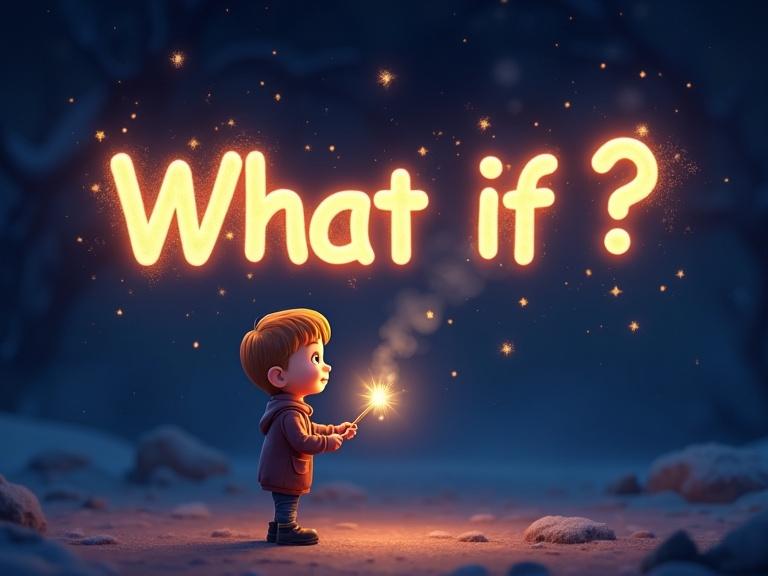 A small kid uses a magical wand to write the name 'What if ?' in sparkling text. The letters glow against a dark starry background. The scene evokes a sense of wonder and fantasy, inviting viewers into a whimsical world, all this should be in a 3D cartoonic style. The area should be 1546px by 423px.