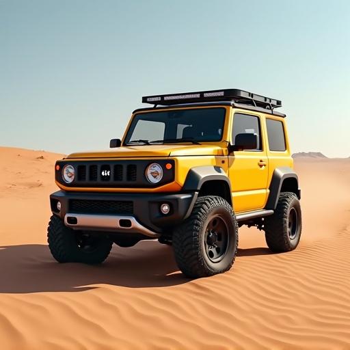 Yellow Jimny SUV parked in a vast desert landscape. Bright day with clear sky. Focus on vehicle features. Realistic depiction.