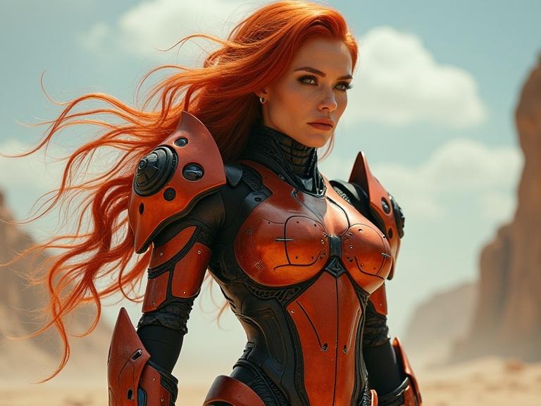 Hot redhead in exotic futuristic mechanical mech style power armor. Show full-body view of character. Highlight intricate details of armor and long flowing hair. Natural lighting against a desert background.