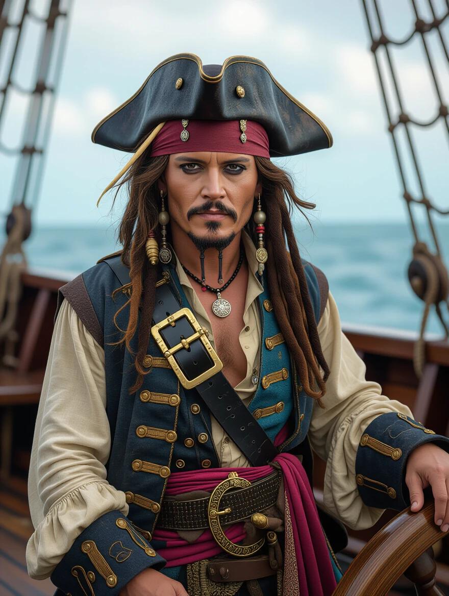 A pirate character poses confidently on a ship deck. The pirate wears an elaborately designed costume with a hat and accessories. The background features a vibrant ocean view. The shot is mid-distance capturing the details of the outfit. The lighting adds depth to the scene, showcasing the craftsmanship. The atmosphere evokes a sense of adventure.