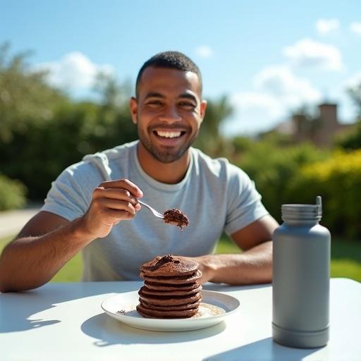 A fit Indian male smiling and eating chocolate protein pancakes outdoors. He sits at a white table in a garden. A stack of pancakes on a plate. Holds fork at mouth level. Grey protein tub on the table. Bright blue sky and greenery in the background. Image looks like a candid iPhone shot.