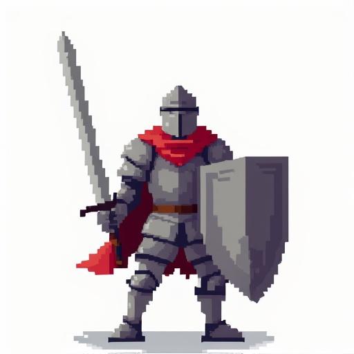 A valiant knight stands ready for battle. The knight faces to the right and primes his sword and shield. The art is in a pixel style with minimalist design elements.
