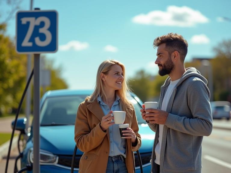 Couple enjoying coffee by electric vehicle charging station. Blue sky, sunny afternoon. Man and woman are smiling at each other. Their car is charging in the background.