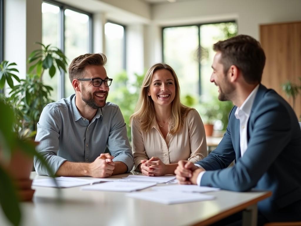 The image captures a lively business meeting in a modern office setting. Three professionals—two men and one woman—are engaged in a friendly discussion. They are seated around a table with papers in front of them, surrounded by greenery. The atmosphere appears relaxed yet focused, indicating a productive conversation. Natural light filters through large windows, creating a warm, inviting ambiance. This scene reflects teamwork and collaboration in a corporate environment.