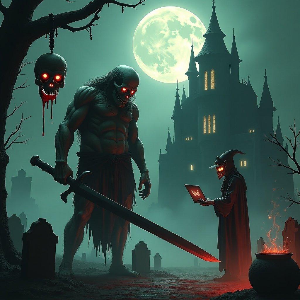 A menacing figure stands in a graveyard under a full moon. The creature has glowing eyes and skeletal features. It wears tattered clothing and holds a large sword. The scene is filled with tombstones and mist. A dark and eerie castle looms in the background. Shadows are chilling. The color palette includes greys and greens. A wizard gazes into a flaming cauldron at the castle top.