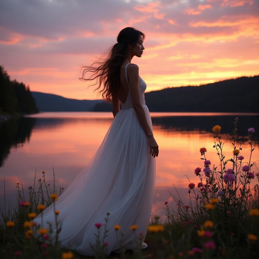 A woman stands in a white wedding dress by a lake during sunset. Flowers bloom in the foreground with a calm lake and mountains in the background. The sky displays beautiful sunset colors.