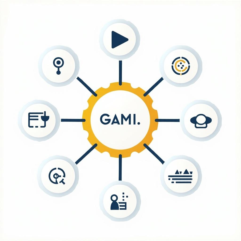 Schematic diagram representing gamification concepts. Central gear shape with 'GAMI.' text. Eight surrounding icons representing different aspects of gamification.