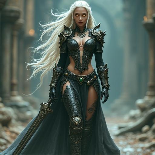 A hybrid woman with a human upper body and a serpent tail slithers across the ground. She has glowing eyes and long white hair. Wearing detailed warrior armor with mystical designs carrying an ancient sword. Armor transitions into snake skin. Fierce expression resembling a goddess. Set in dramatic ancient ruins with mystical fog and glowing lights. Low camera angle capturing full body as she moves powerfully.