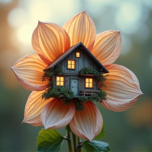 A whimsical house sits inside a large flower with soft petals. The house has glowing windows and is adorned with greenery. The background blurs softly to emphasize the central flower and house.