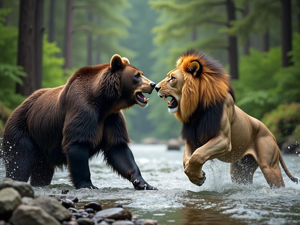 In a dense, green forest, two majestic animals confront each other. A powerful bear stands on the left, its fur thick and dark, and muscles bulging. Opposite the bear, a fierce lion roars loudly, showcasing its impressive mane and sharp teeth. The scene captures the intense moment of a clash between these two apex predators. Water splashes around them as they face off, surrounded by tall trees and rocky terrain. The atmosphere is charged with excitement and the thrill of nature's raw power.