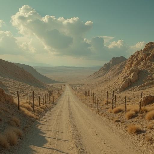 A rounded bay with sandy soil surrounded by an arid and dusty landscape resembling Sad Hill cemetery from the movie 'The Good, the Bad and the Ugly'. The setting is filled with rustic and worn wooden crosses, some leaning, set in the sand stretching toward the horizon. The sky is twilight with scattered clouds and dim light casting long shadows. The atmosphere is melancholic and quiet, with details like a gentle wind moving the sand and small dry shrubs. Western cinematic style with earthy colors and a realistic yet evocative aesthetic.