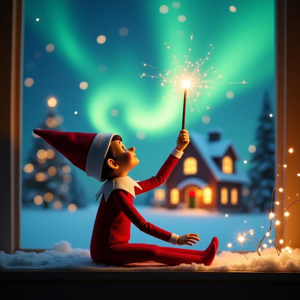 An elf on the shelf sits with its back to the viewer, gazing skyward. It holds a glowing wand that emits sparkling light. The background showcases a charming Christmas scene with colorful northern lights swirling above. In the distance, a cozy house can be seen, decorated for the holidays. Snow covers the ground, adding to the winter atmosphere. The elf is in a playful position, embodying the spirit of magic and wonder associated with Christmas.