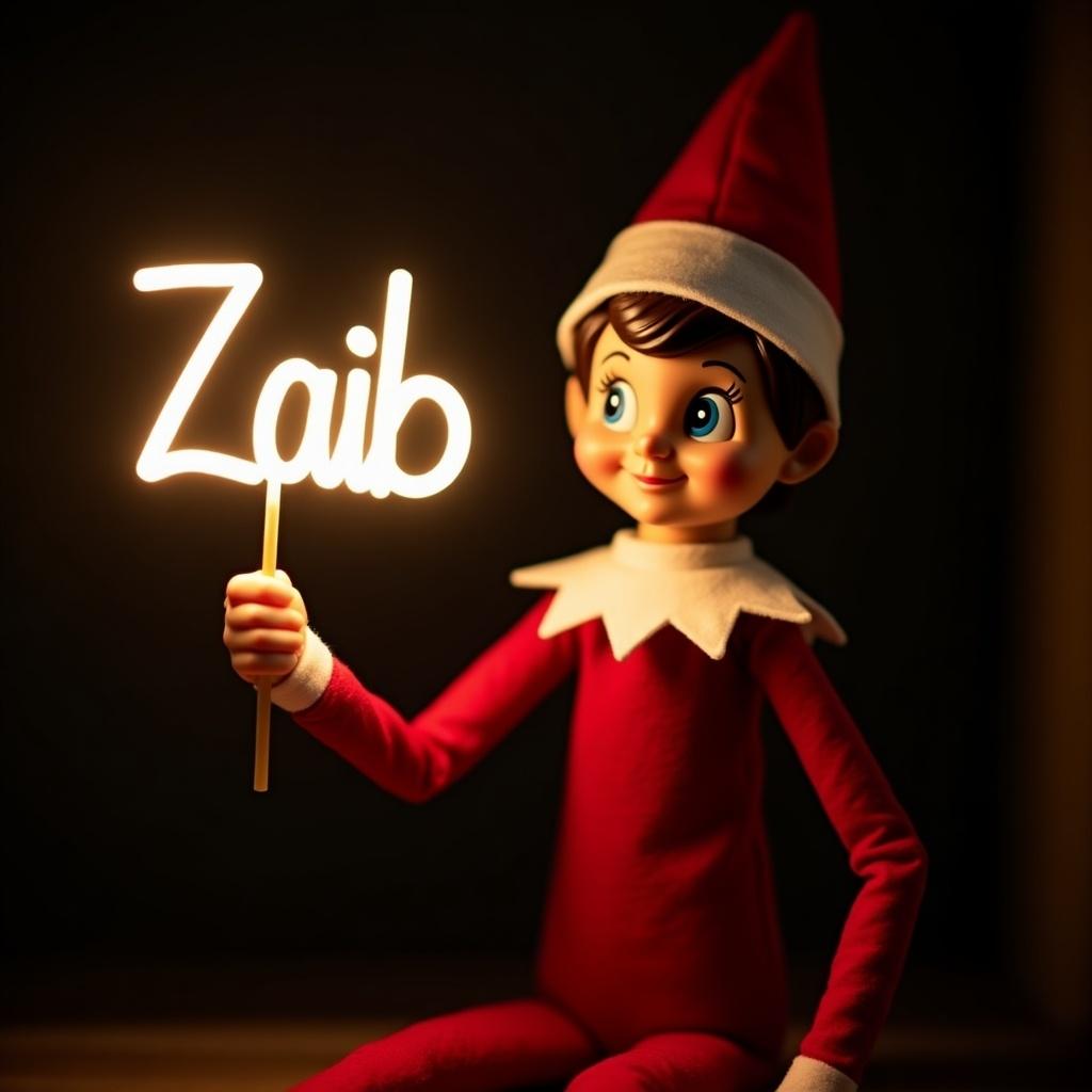 Elf dressed in red and white holds a glowing stick with name Zaib. Dark background enhances soft light of text. Scene represents holiday joy and magic.