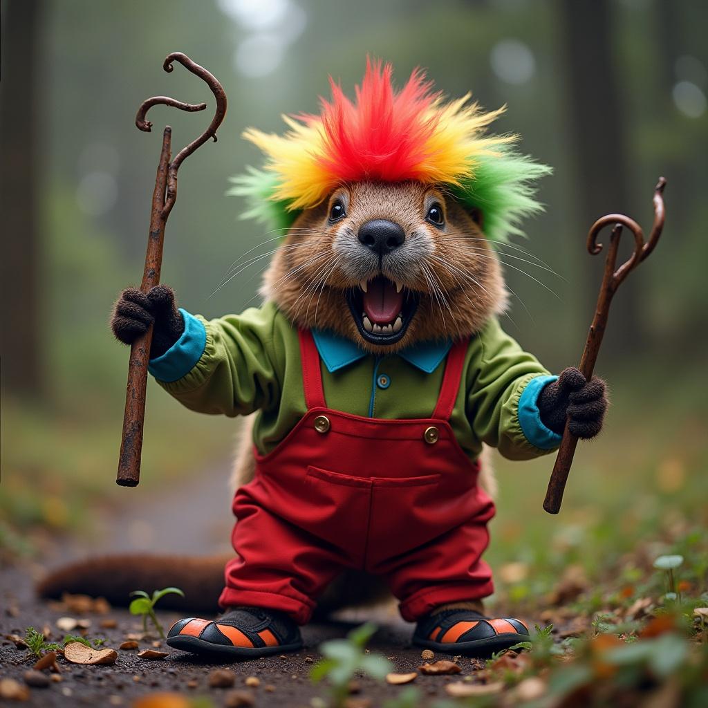 A playful beaver dressed as a clown with bright hair. The beaver holds two sticks and has a joyful expression. The scene is set in a forest with scattered leaves.