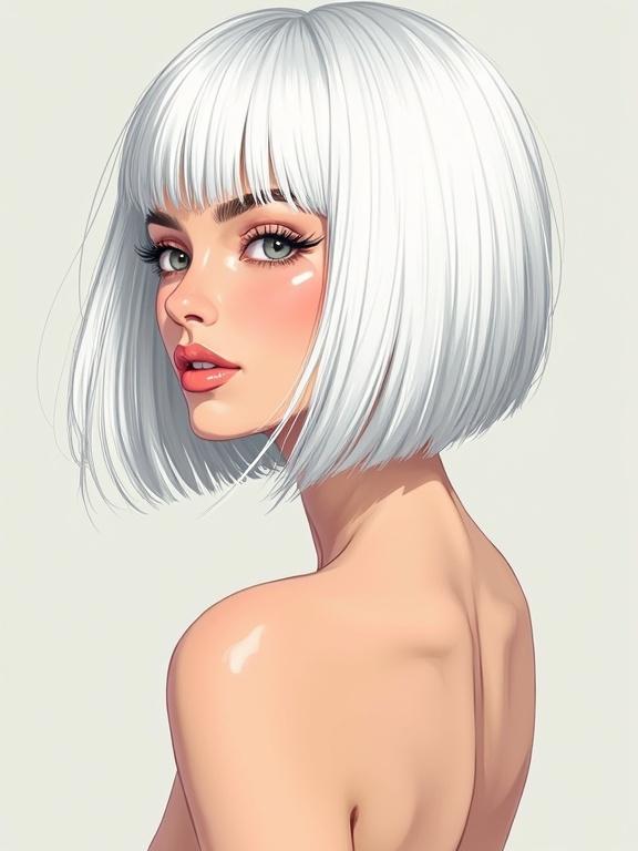 Illustration of a woman with white bobcut hair. She has striking features and a radiant expression. Soft colors, smooth lines. Hair is the main focus of the image.