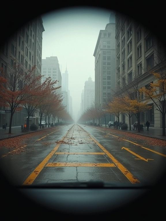 Point of view shot showing an empty urban street. Trees with autumn leaves line each side of the road. Tall buildings are visible in the distance. A fog covers the scene, adding a mysterious atmosphere. The image features two big dark blind spots in the bottom right.